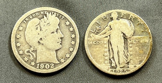 1902 Barber Quarter and 1925 Standing Liberty Quarter, both 90% silver