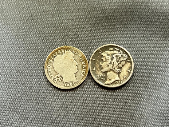 1941-S Mercury Dime and 1901 Barber Dime, Both 90% silver