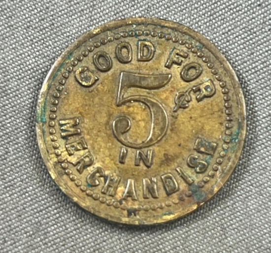 O.G. Weidner Good for 5 cents brass token