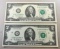 2- 2013 $2.00 Federal Reserve Notes w/ Sequential Serial Numbers, SELLS TIME THE MONEY