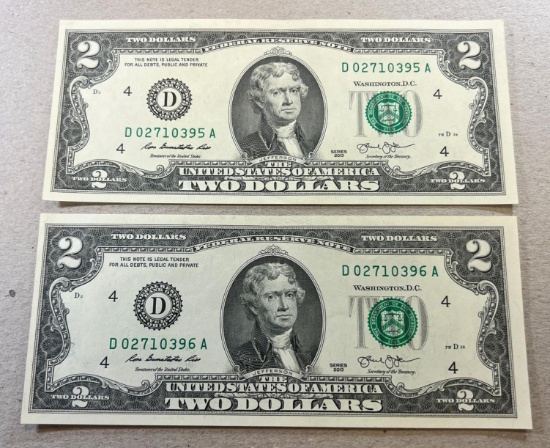 2- 2013 $2.00 Federal Reserve Notes w/ Sequential Serial Numbers, SELLS TIME THE MONEY