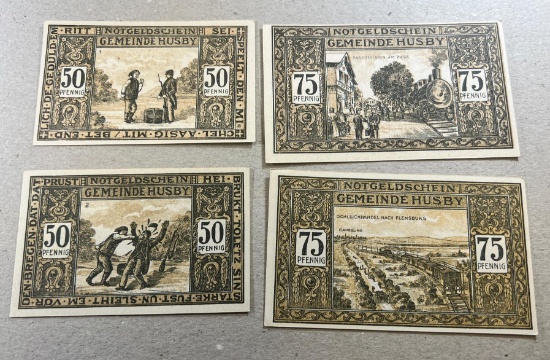 4 Piece Set of Notgeld German Emergency Issue banknotes, SELLS TIME THE MONEY