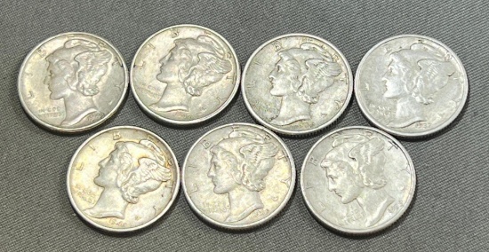 7- Mercury Dimes, SELLS TIME THE MONEY, 1936, 1937, (2) 1939, 1942, 1943 & 1944