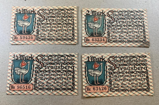 4 Piece Set of Notgeld German Emergency Issue banknotes, SELLS TIME THE MONEY