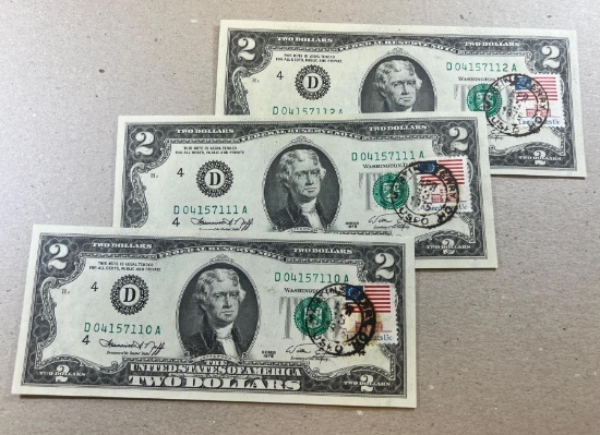 3- 1976 First Day Issue $2.00 Notes, w/ sequential serial numbers, Martins Ferry Ohio