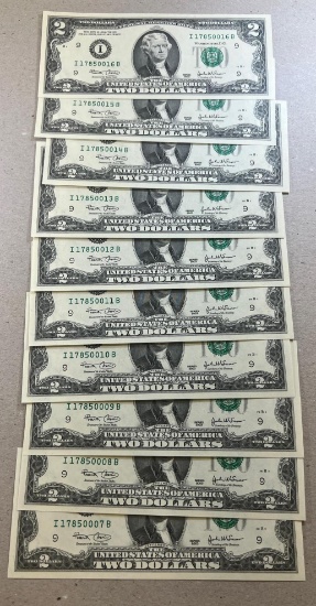 10- 2013 $2.00 Federal Reserve Notes, UNC, Sequential Serial Numbers