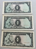 3- Japanese Government One Peso Banknotes, SELLS TIME THE MONEY, CLOSE SERIAL NUMBERS