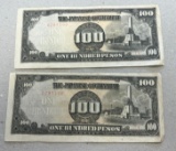 2- Japanese Government One Hundred Peso Banknotes w/ sequential Serial Numbers, SELLS TIME THE MONEY
