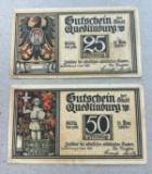 2 Piece set of Notgeld German Emergency Issue banknotes, SELLS TIME THE MONEY