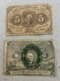 2- Postal Currency 5 Cent Fractional Notes, SELLS TIME THE MONEY