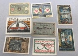8 Pieces of Notgeld German Emergency Issue banknotes, SELLS TIME THE MONEY