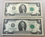 2- 2013 $2.00 Federal Reserve Notes w/ Sequential Serial Numbers, SELLS TIME THE MONEY
