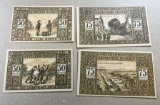4 Piece Set of Notgeld German Emergency Issue banknotes, SELLS TIME THE MONEY