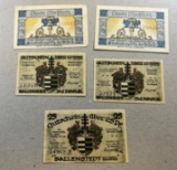 5 Pieces of Notgeld German Emergency Issue banknotes, SELLS TIME THE MONEY