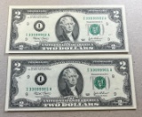 2- 2003 $2.00 Banknotes, w/ sequential serial numbers, sells times the money