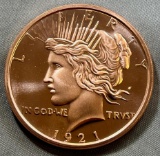 ONE OUNCE .999 COPPER ROUND, MADE IN THE LIKENESS OF A 1921 Peace Dollar