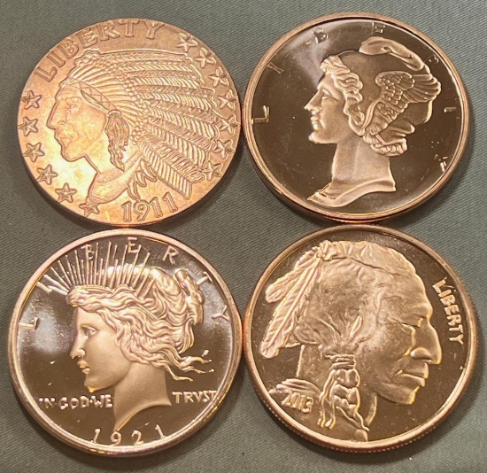 4- One Ounce Copper Rounds set, various designs, SELLS TIMES THE MONEY