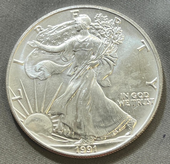 1991 US Silver Eagle Dollar Coin, .999 Fine Silver