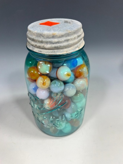 Vintage Ball Canning jar full of JABO marbles 140 + marbles