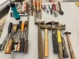Tool lot w/ Hammers, Screwdrivers, Pliers, Chisel, Lathe tools +