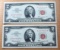 2- 1963 Red Seal $2.00 Notes, UNC w/ sequential serial numbers