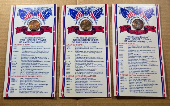 3- Bicentennial Commemorative US Cents on history story cards, sells times the money