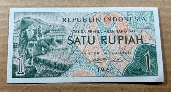 1961 Indonesia 1 Rupiah Banknote, AU