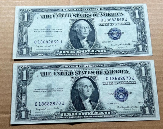 2- 1935G Blue Seal Silver Certificates, UNC w/ sequential serial numbers, sells times the money