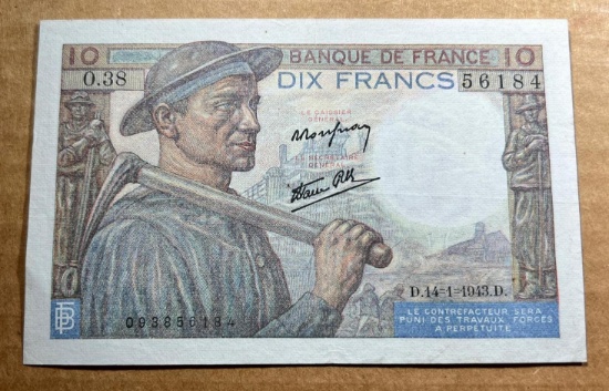 1943 France 10 Francs Banknote, minimal circulation