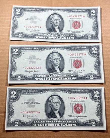3- 1963A $2.00 Red Seal US STAR Banknotes, UNC w/ sequential serial numbers, sells times the money