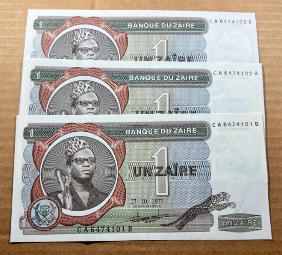 3- Bank of Zaire One Zaire Banknotes, UNC, w/ sequential serial numbers, sells times the money