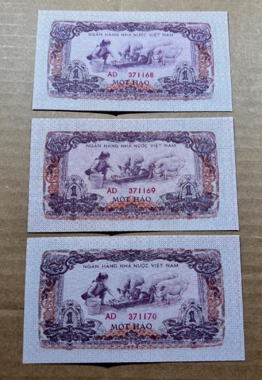 3- 1972 North Vietnam 1 Hao Banknotes, UNC, w/ sequential serial numbers, sells times the money