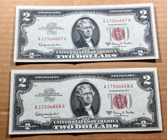 2- 1963A Red Seal $2.00 Notes, UNC w/ sequential serial numbers, sells times the money