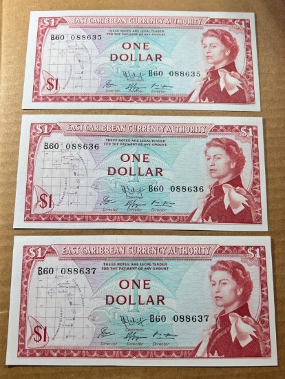 3- Eastern Caribbean One Dollar Banknotes, UNC, w/ sequential serial numbers, sells times the money