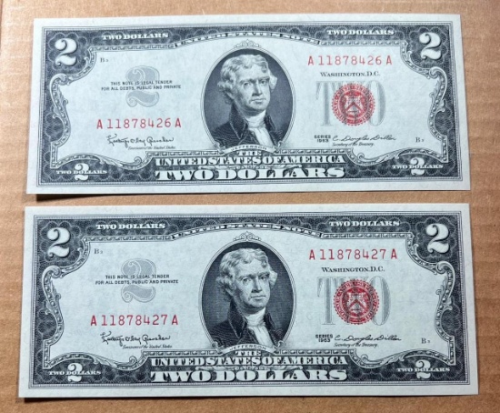 2- 1963 Red Seal $2.00 Notes, UNC w/ sequential serial numbers