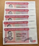 5- Zaire 50 Makuta UNC Banknotes w/ Sequential serial numbers, sells times the money