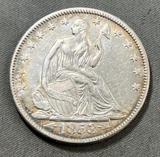 1853 Seated Liberty Half Dollar w/ arrows and rays, FULL LIBERTY