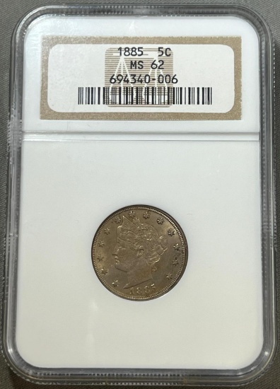 WOW Key Date 1885 Liberty V Nickel in NGC MS62 Holder