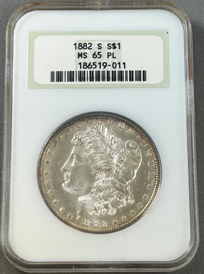 1882-S Morgan Silver Dollar in MS65PL NGC Holder