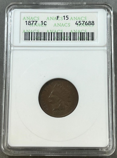 KEY DATE 1877 Indianhead Cent in F15 ANACS Holder