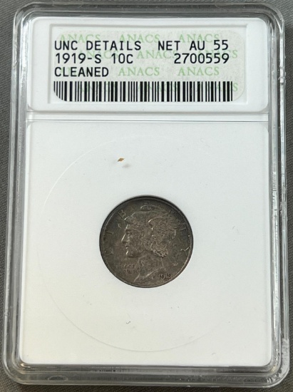 1919-S Mercury Dime in Net AU55 ANACS Holder, Cleaned
