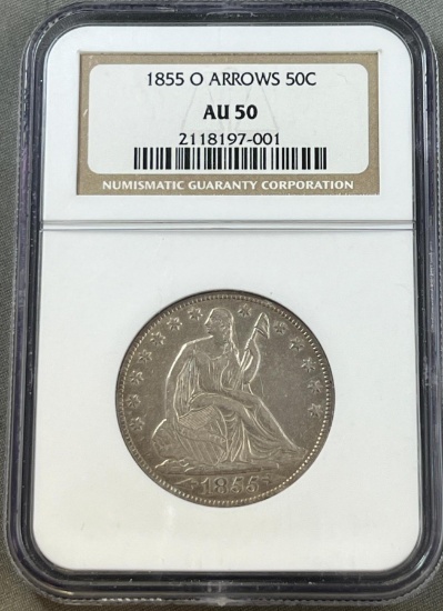 1855-O w/ arrows Seated Liberty Half Dollar in AU50 NGC Holder
