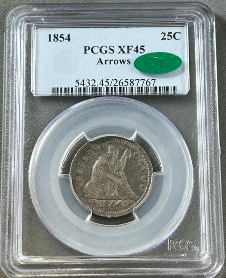 1854 Seated Liberty Quarter in XF45 PCGS Holder w/ CAC sticker