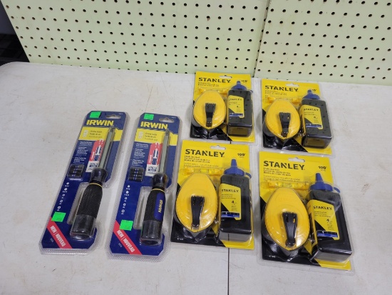 2- Irwin Screwdrivers and 4 Stanley Chalklines
