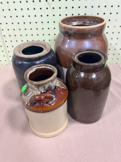 Pottery Jars/ Stoneware/ Crock Jars lot of 4, large is 1 gallon