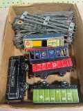 Train Lot 5 cars and track pressed steel, litho O Gauge