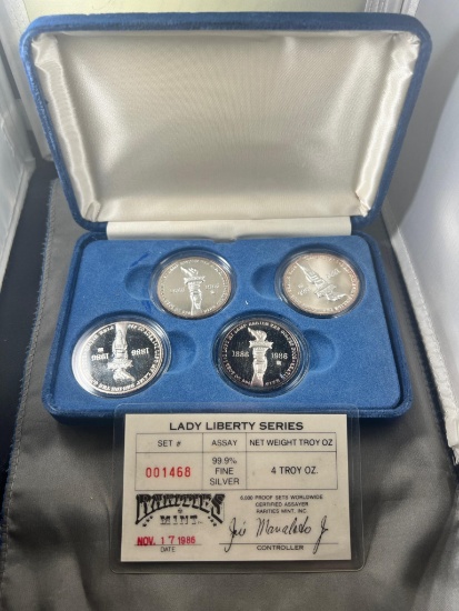 Liberty 4- 1 Troy Ounce Proof Silver Rounds in Velvet case, sells times the money