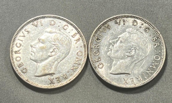 1942 and 1943 Great Britain Two Shillings Silver Coins, sells times the money