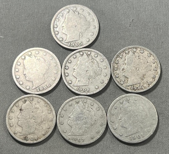 Collection Starter of V Nickels, 1901, 04, 05, 06, 07, 08, 10