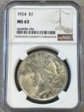 1924 Peace Dollar in NGC MS63 holder